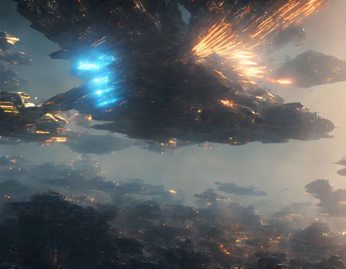 Intense futuristic space battle with exploding ships and vibrant energy weapons