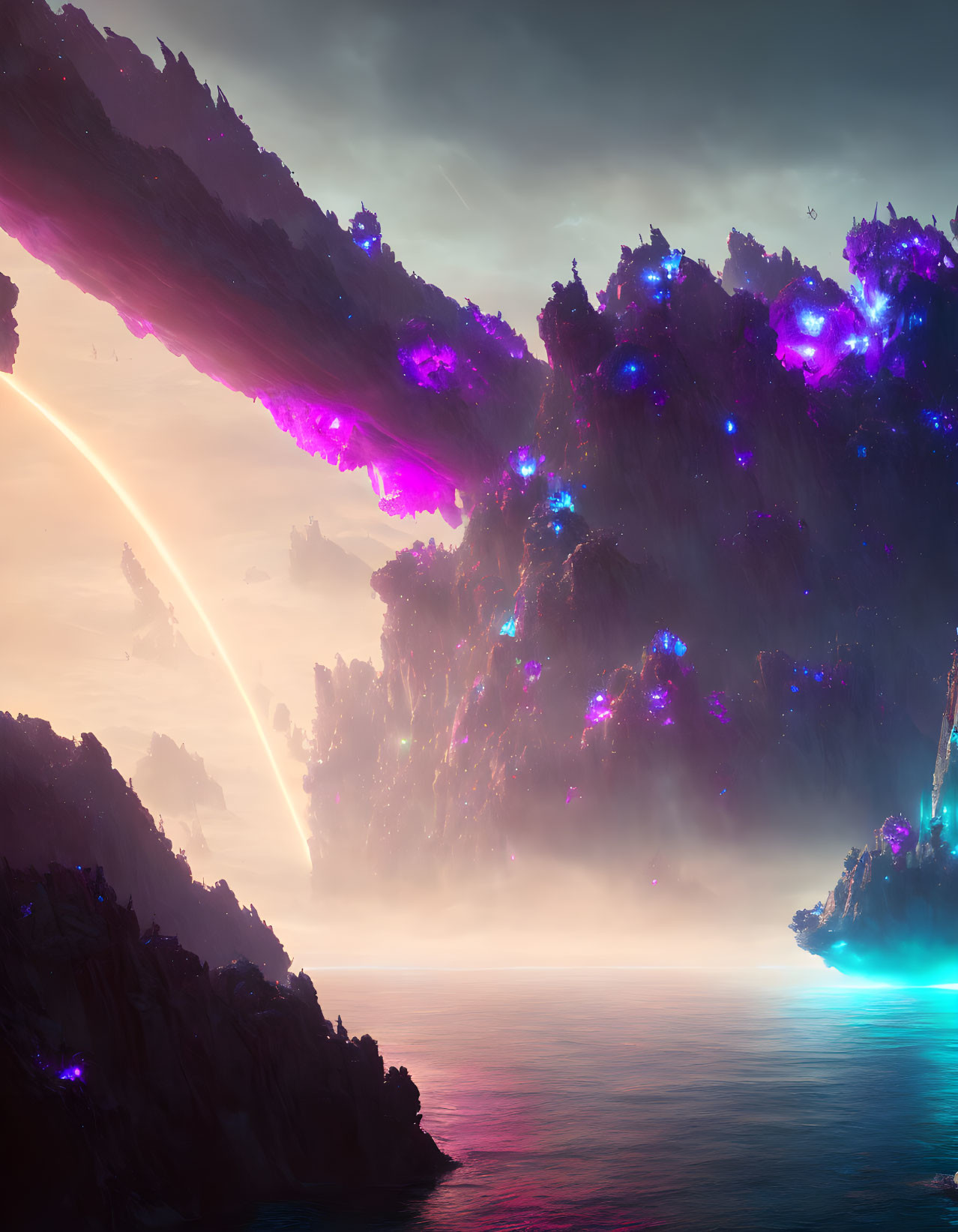 Mystical landscape with glowing purple formations and pinkish skyline