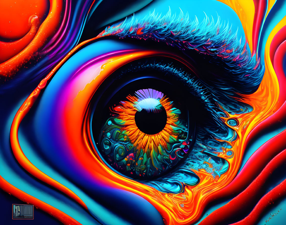 Colorful Abstract Art: Detailed Eye with Swirling Liquid and Flame Patterns