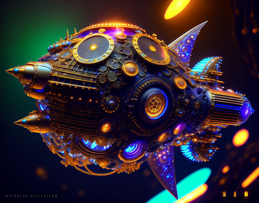 Futuristic spacecraft with blue glowing engines and golden patterns on dark background