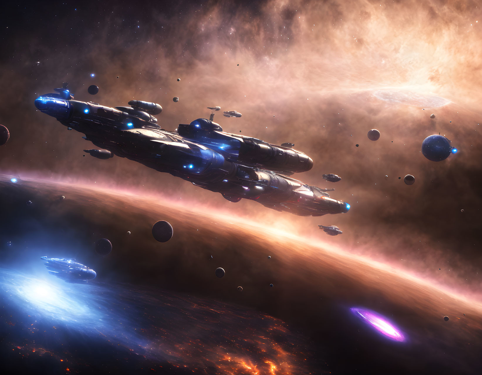 Large Spaceship with Blue Lights Surrounded by Smaller Ships in Cosmic Scene