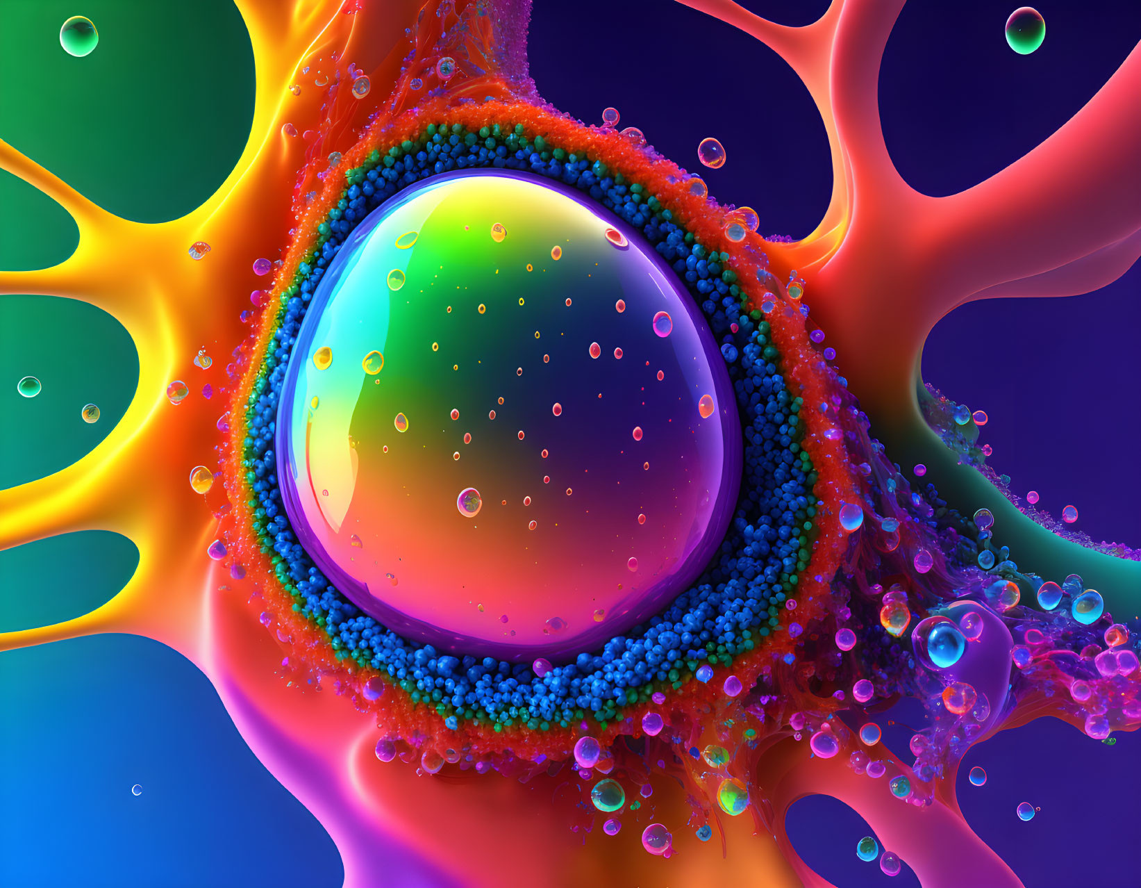 Colorful Digital Artwork with Glossy Sphere & Interconnected Blobs