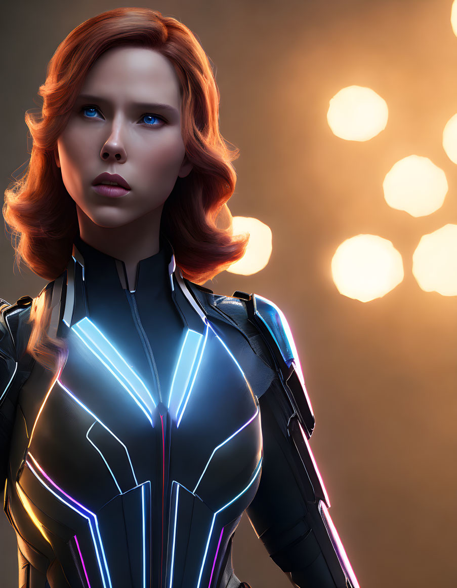 Stylized portrait of woman with red hair in black suit with glowing blue lines