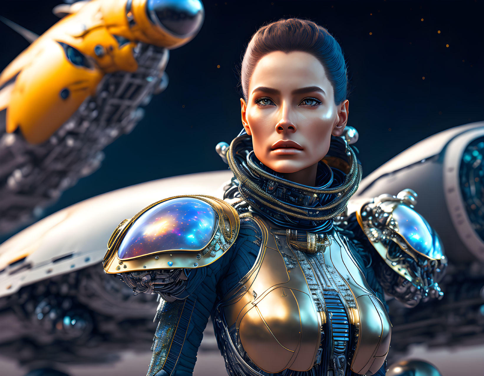 Futuristic digital art: Female astronaut in golden space suit with robotic arms in starry sky