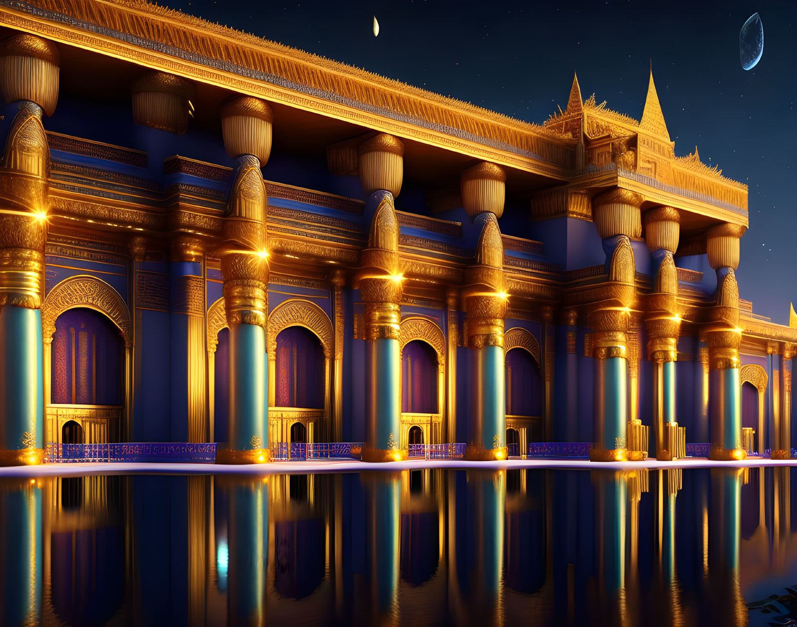 Opulent palace with golden domes and pillars reflected in water at night