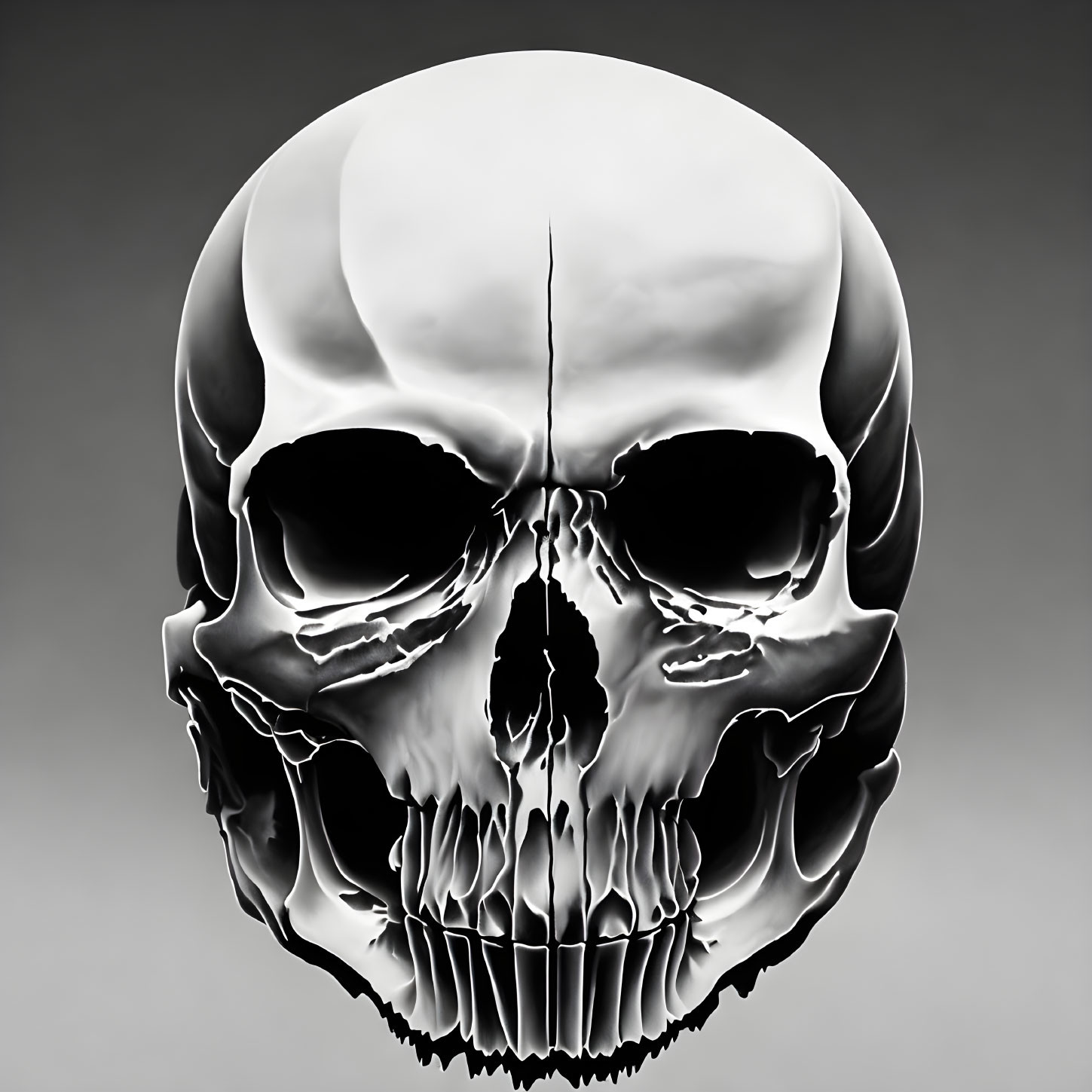 Detailed digital human skull illustration on gradient gray backdrop