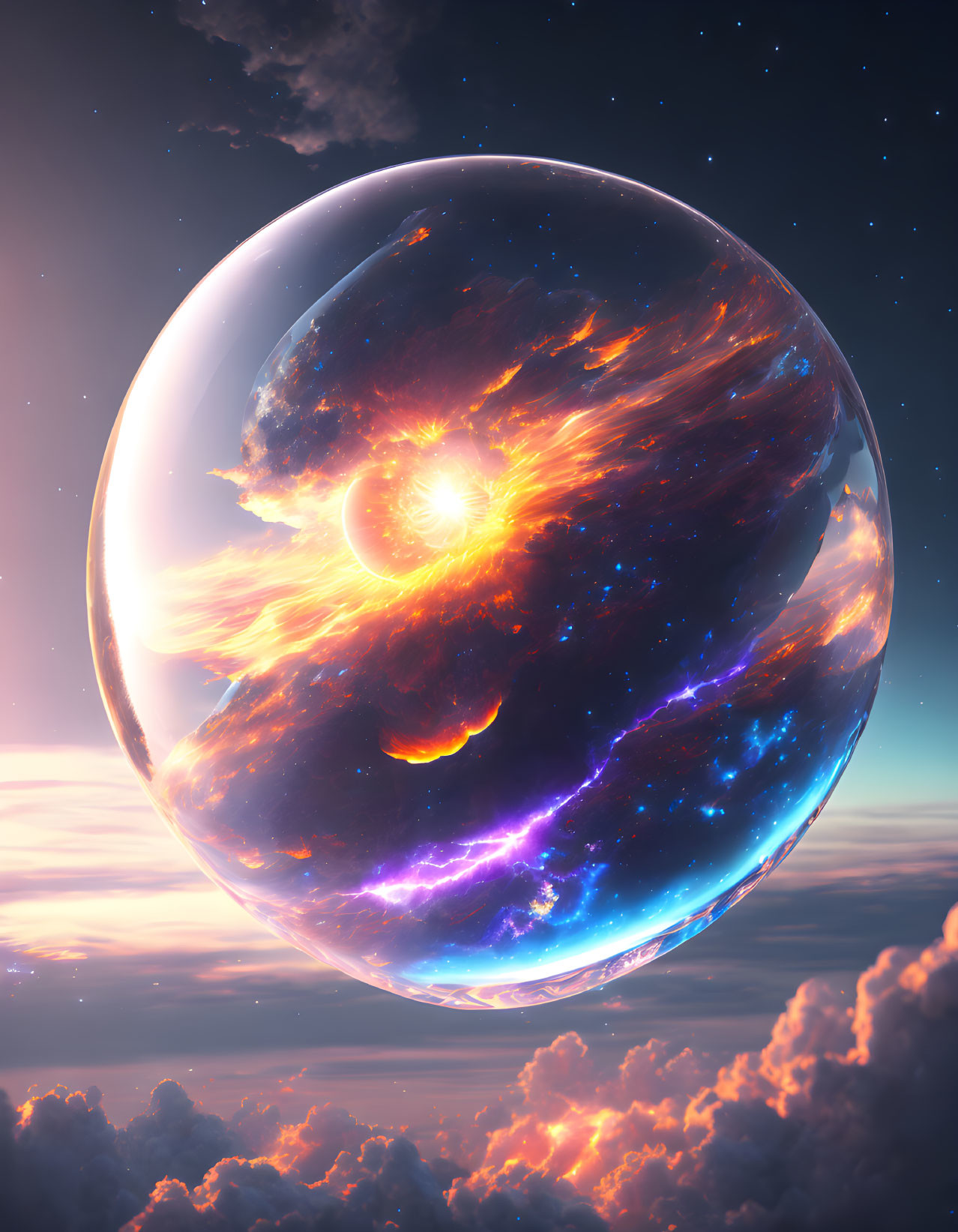 Colorful cosmic scene in transparent sphere above clouds at sunset.