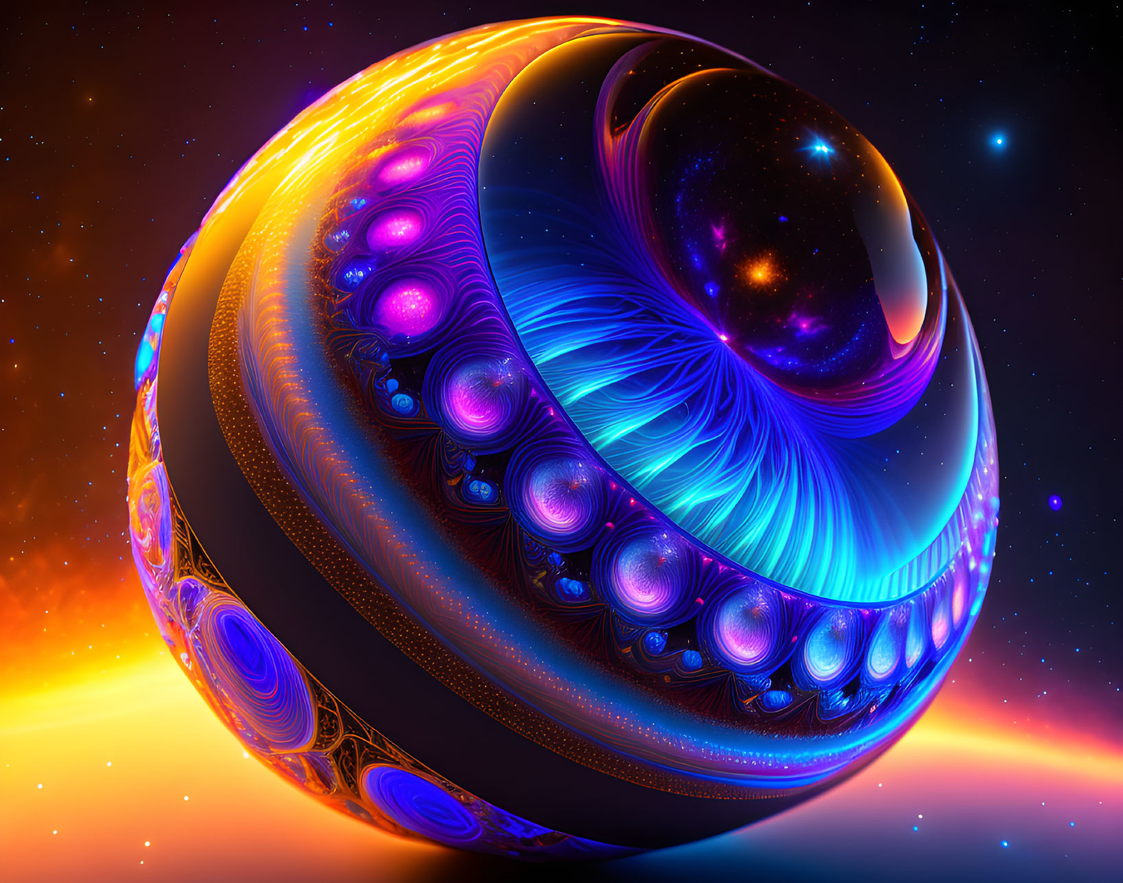 Colorful fractal sphere artwork with intricate patterns on cosmic backdrop