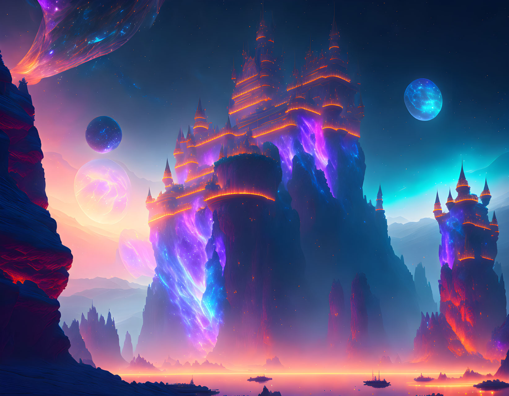 Neon-lit castle in twilight sky with floating planets and misty landscape