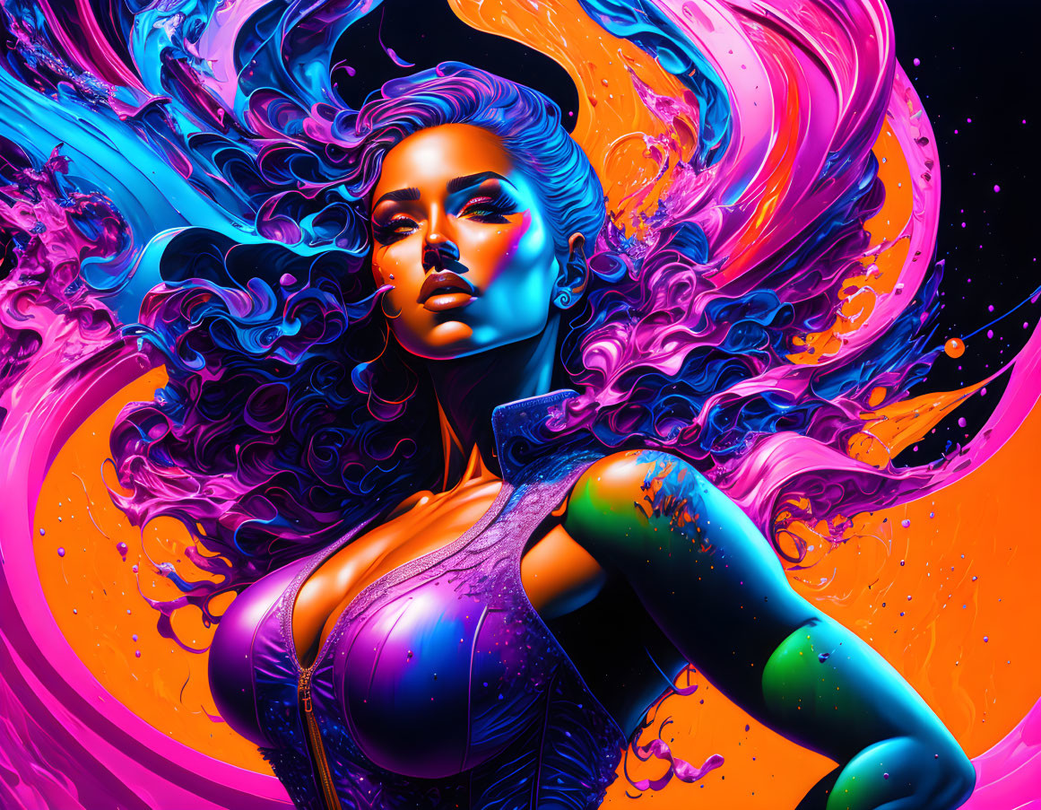 Colorful digital artwork of a woman with flowing hair in neon swirls