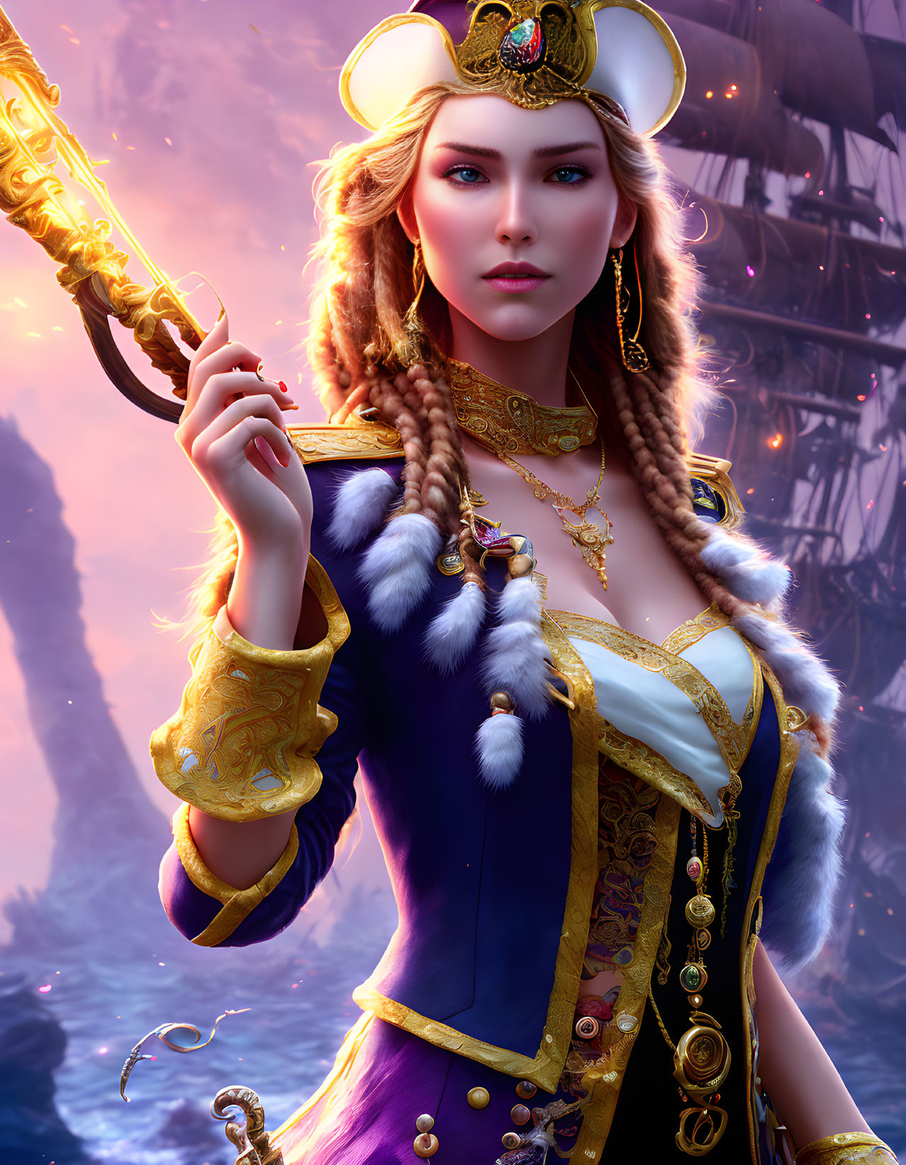 Digital artwork of woman in purple and gold costume with braided hair and spiral staff