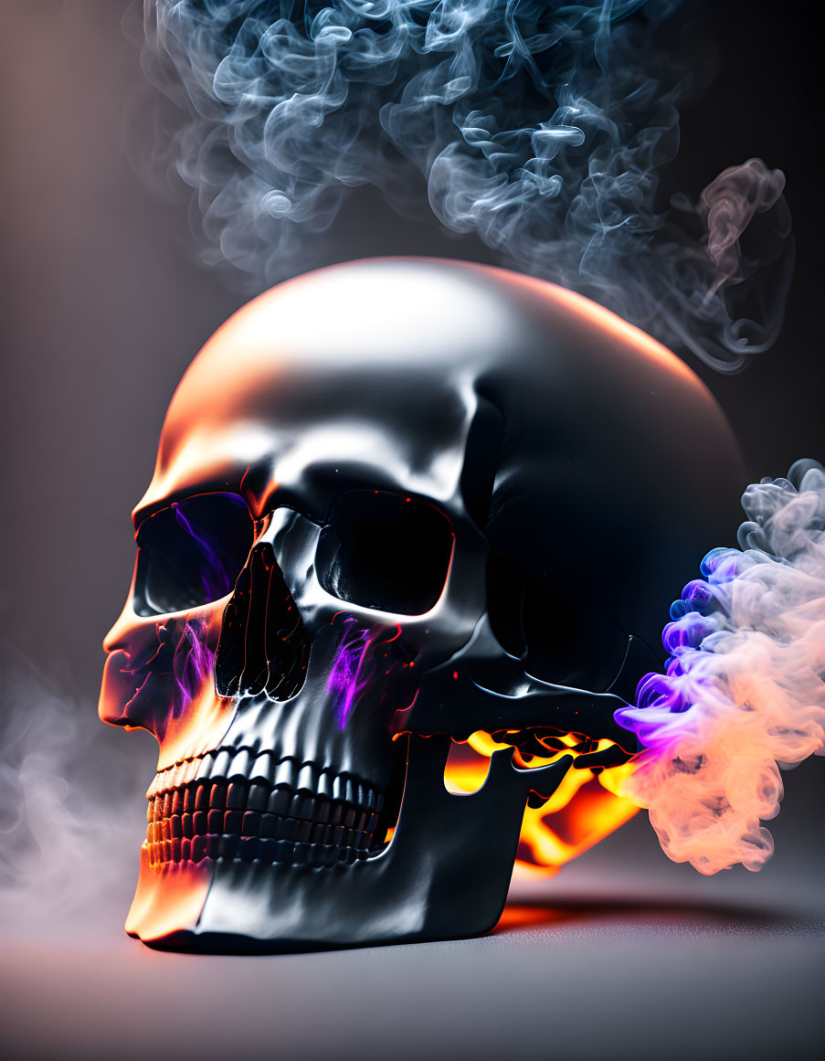 Black glossy skull with sunglasses in blue and purple smoke on dark backdrop