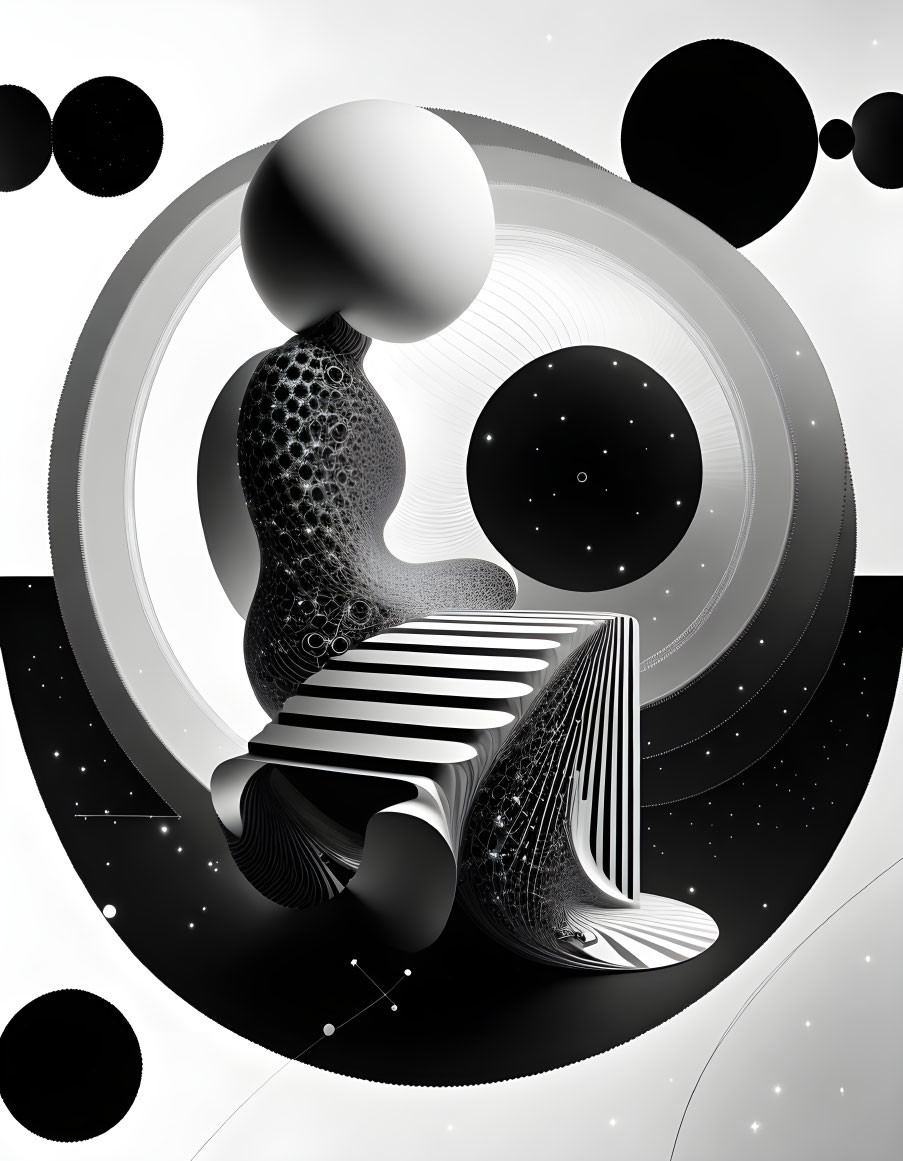 Monochrome abstract artwork with humanoid figure and cosmic elements