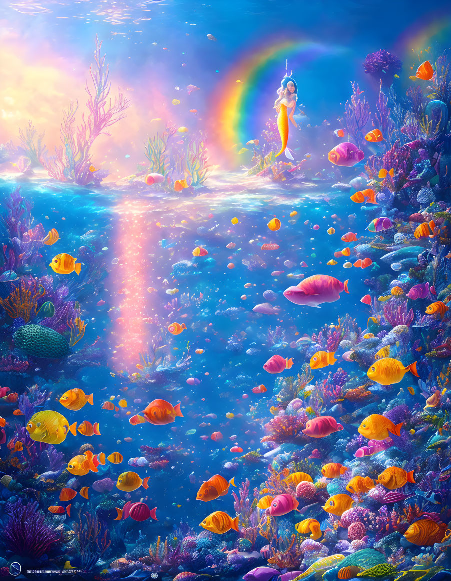 Colorful underwater scene: fish, mermaid, corals, sunbeam