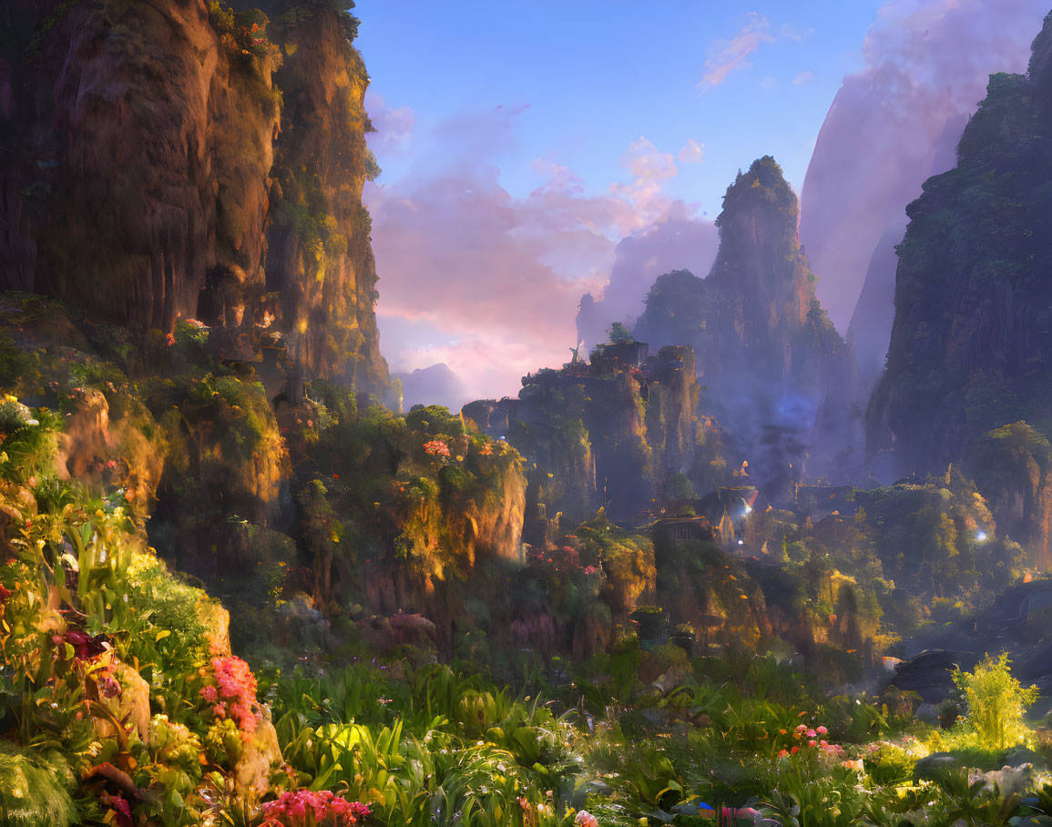 Fantasy landscape with lush foliage, waterfalls, cliffs, and pastel sky