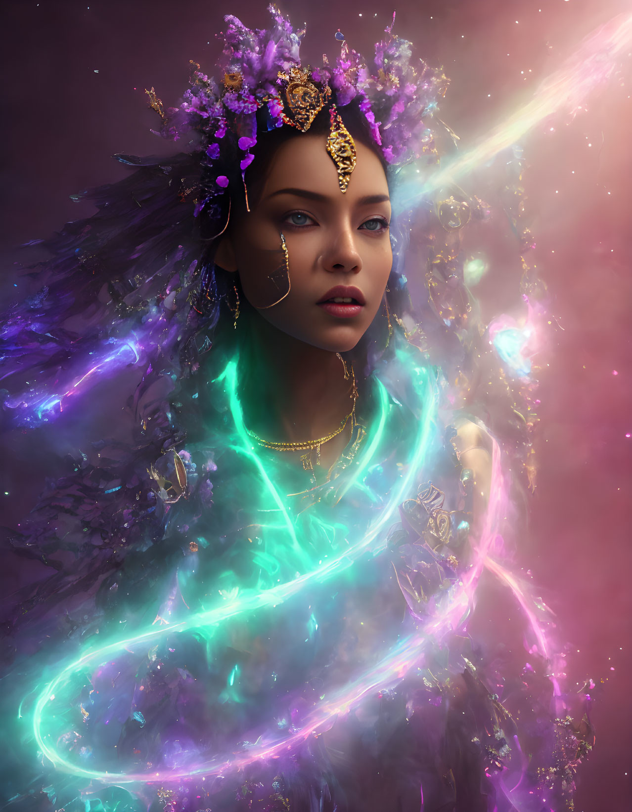 Mystical woman with golden headdress in cosmic setting