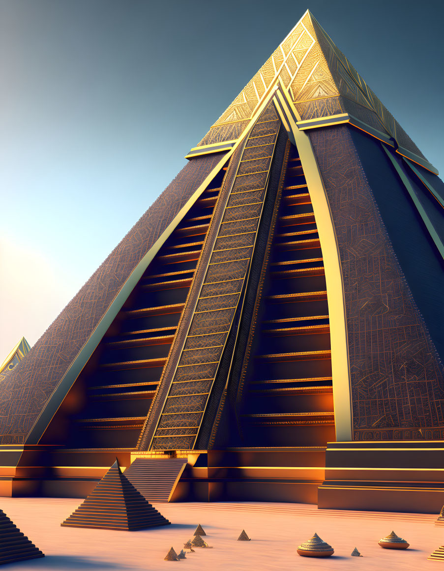 Futuristic pyramid with intricate designs in desert setting