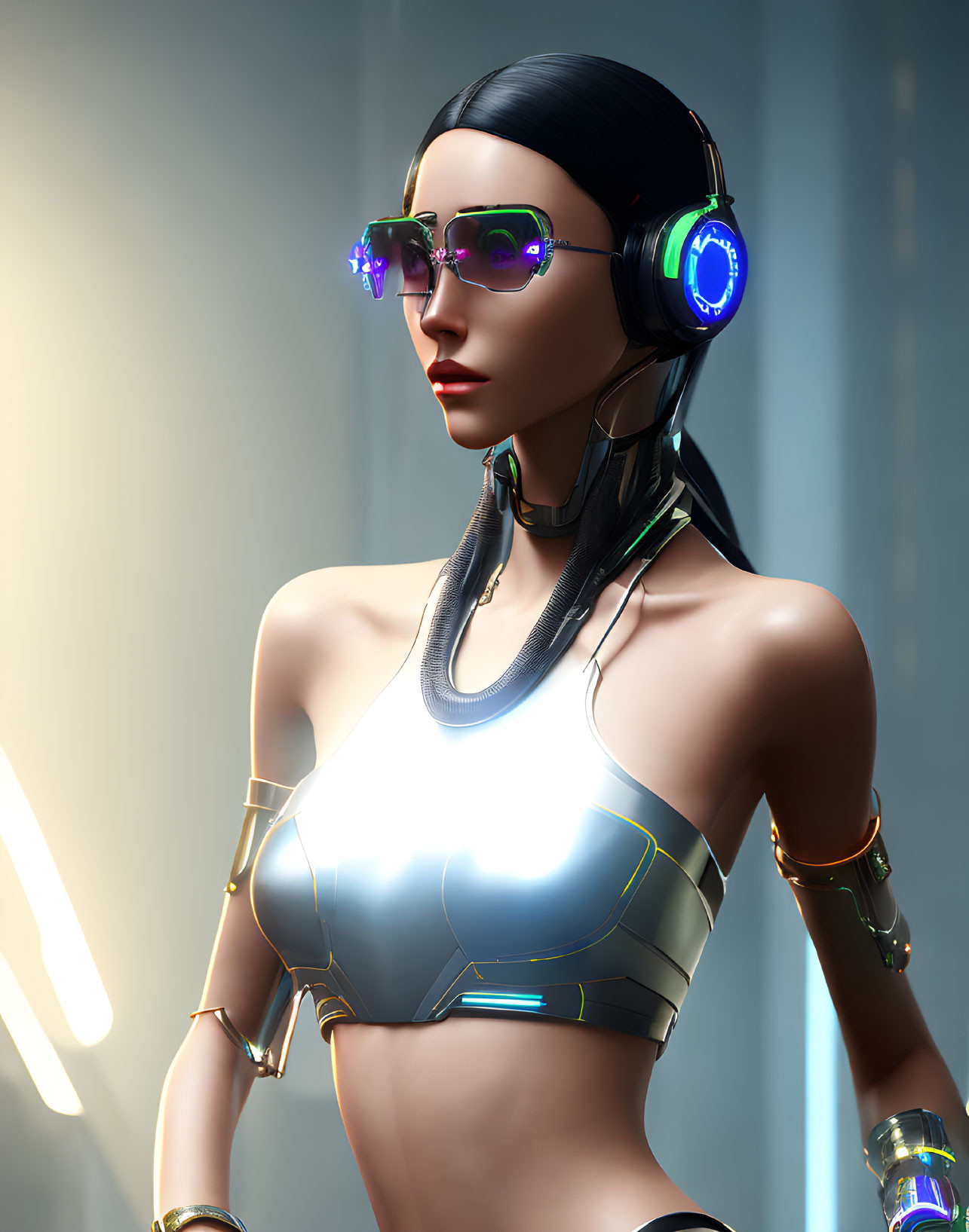 Futuristic female android with black hair and sunglasses in metallic outfit