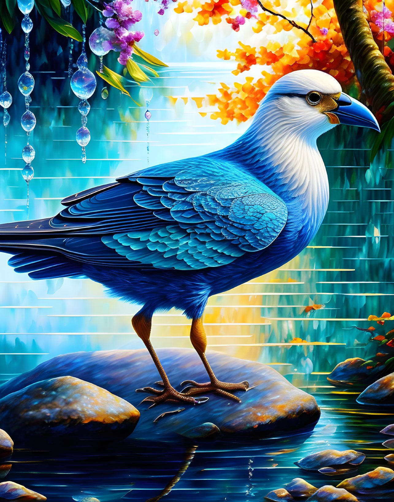 Colorful Digital Artwork: Blue Bird with Feather Details on Rock in Vibrant Nature Scene