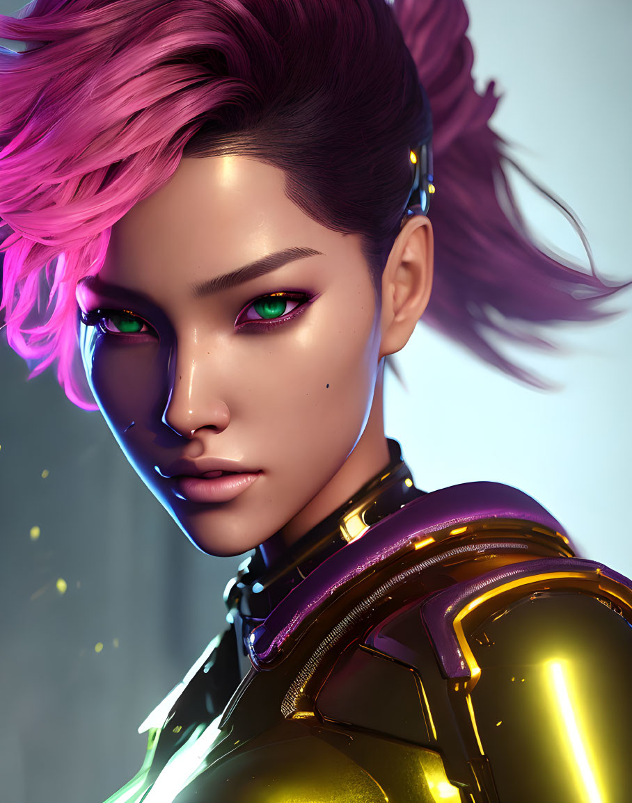 Vibrant pink hair and green eyes on woman in futuristic armor