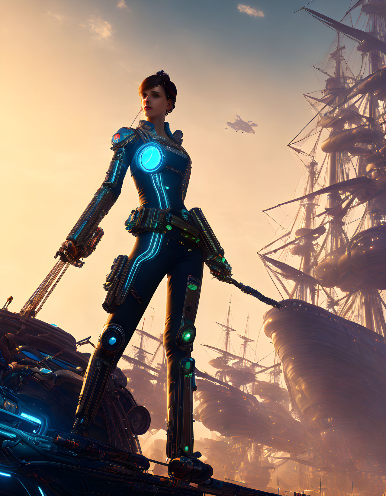 Female cyborg in futuristic armor among sailing ships and advanced technology at sunset.