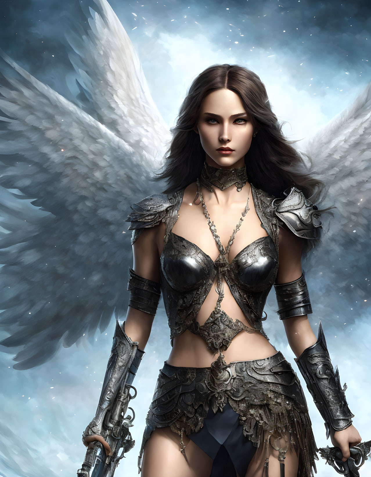 Female warrior with white wings in silver armor on starry sky background