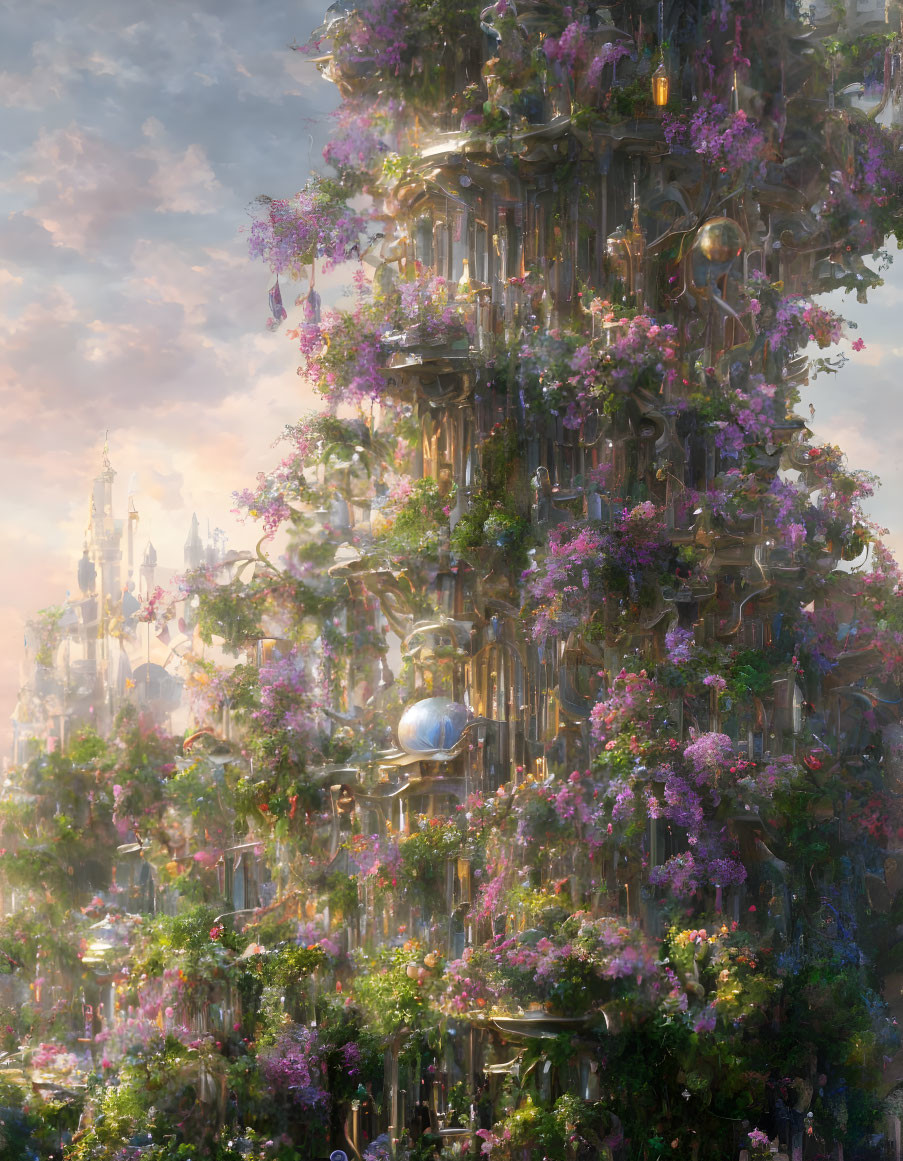 Vertical city with lush greenery, purple flowers, ornate towers, glowing windows, and spherical structures