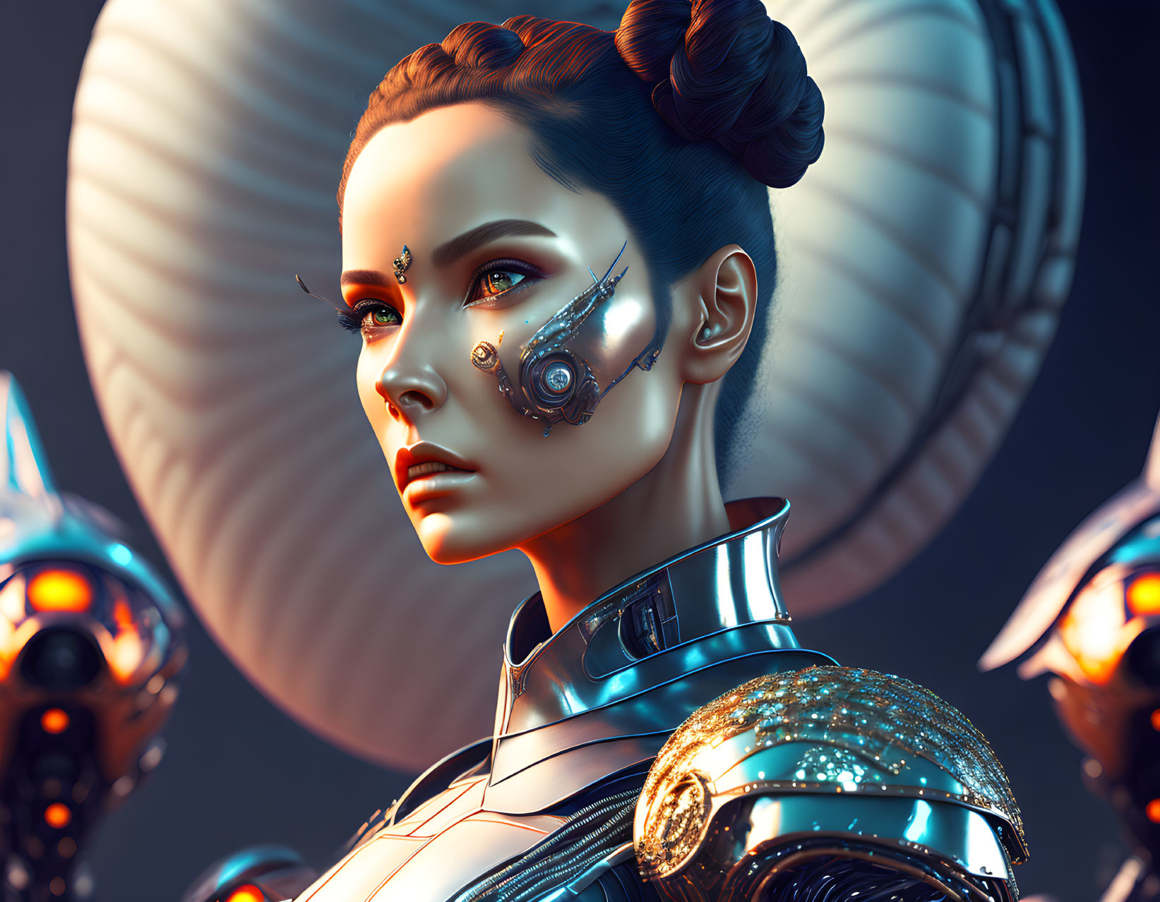 Futuristic female figure with cybernetic enhancements and sleek armor in abstract robotic setting