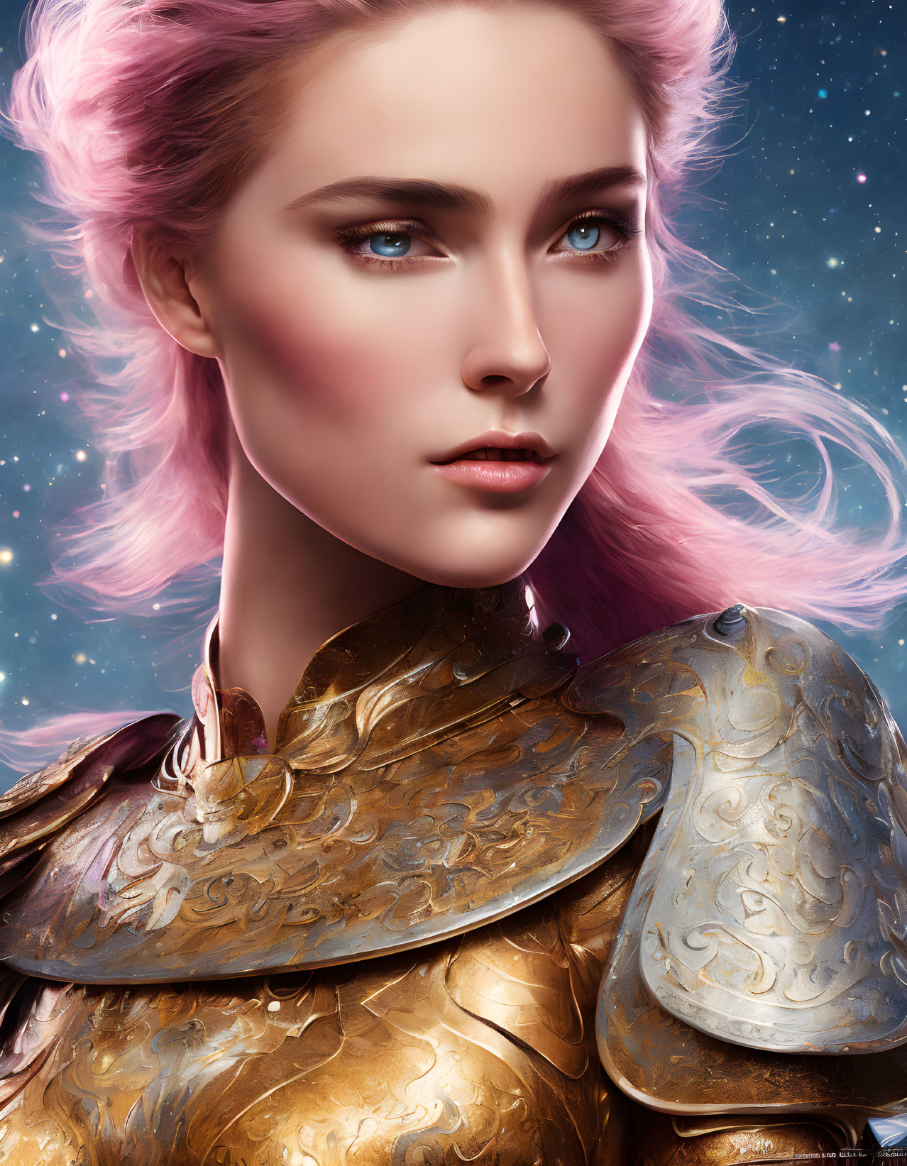 Digital artwork: Woman with pink hair, blue eyes, golden armor on starry background