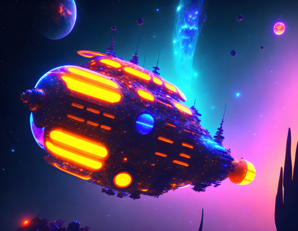 Detailed spaceship with orange and yellow lights in cosmic setting