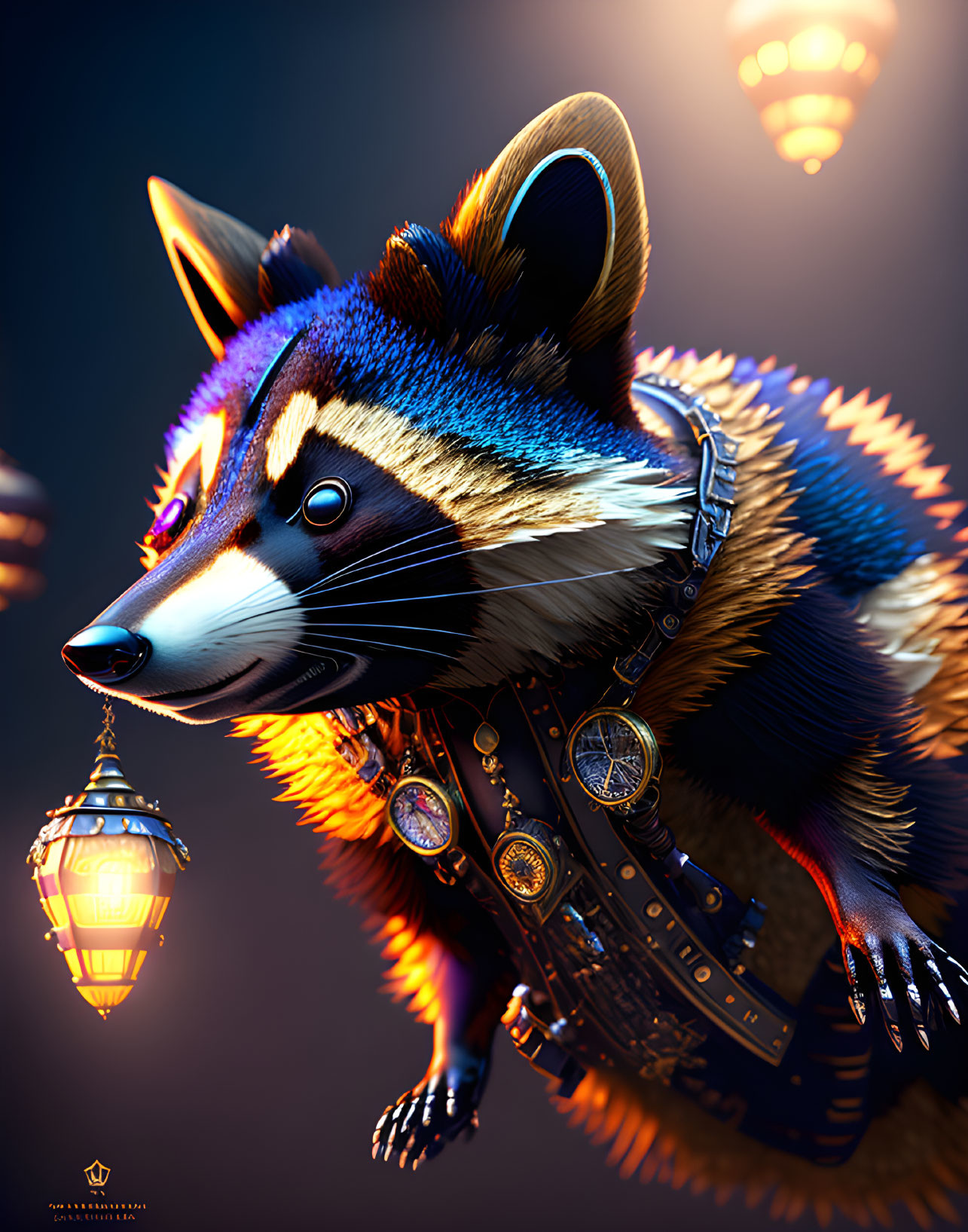 Anthropomorphic raccoon with lantern in intricate attire on dark background