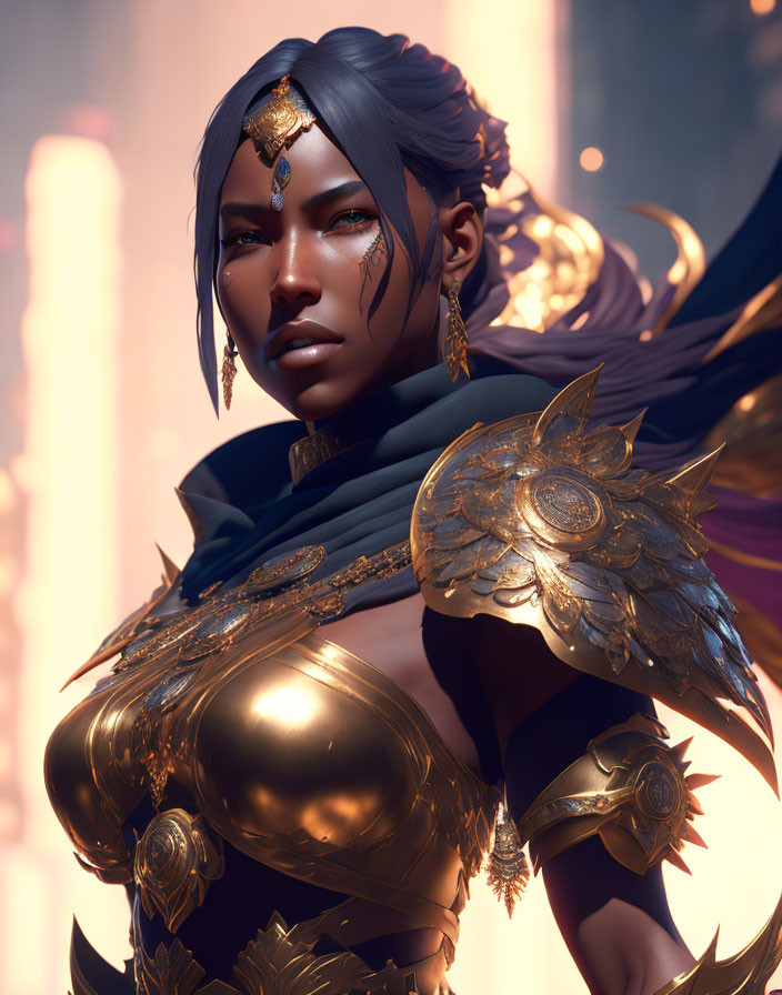 Female warrior in golden armor with blue cloak and ornate accessories gazes ahead.