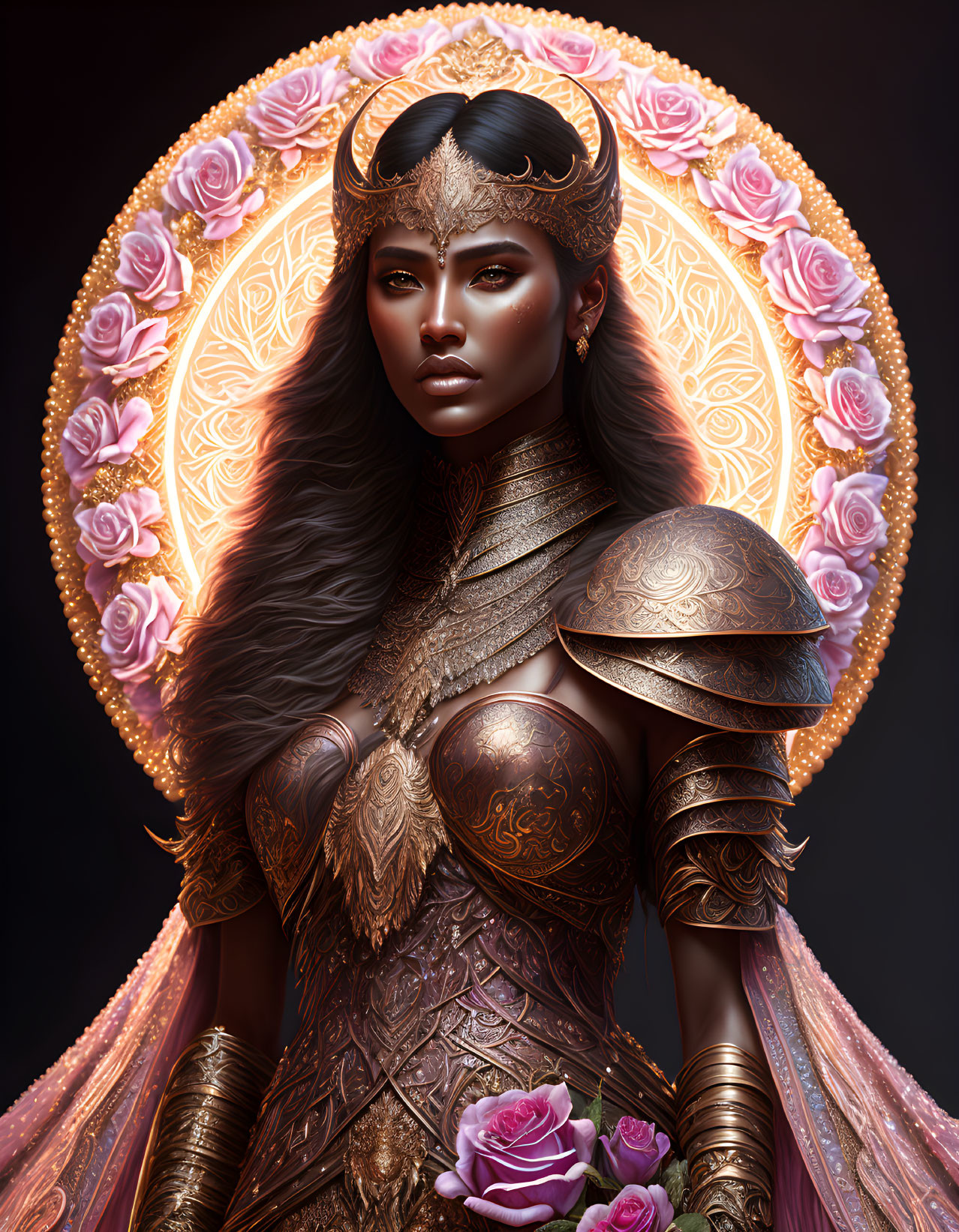 Regal woman with gold tiara and armor in mystical setting