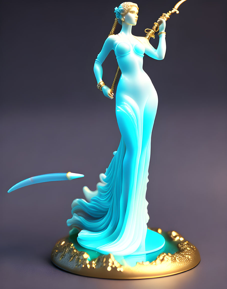 Stylized woman figurine in blue dress with sword on purple background