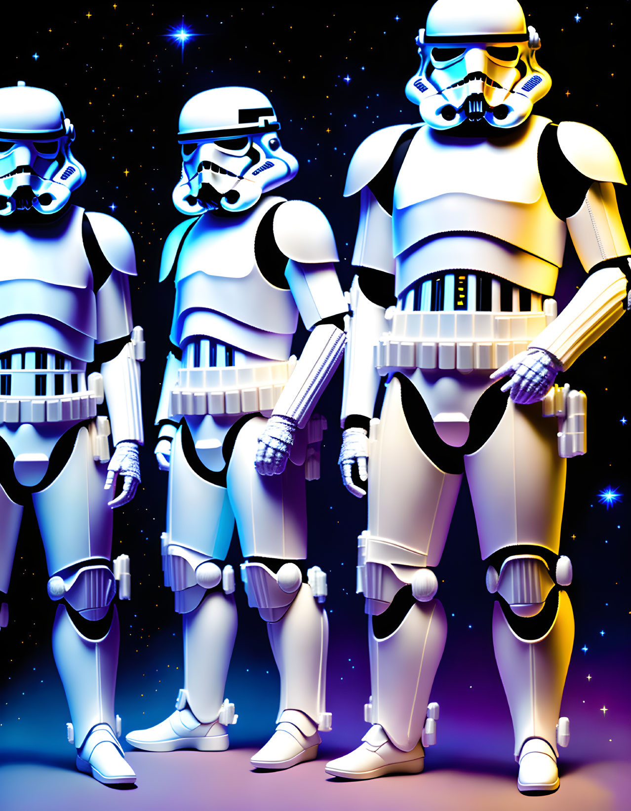 Stylized stormtroopers in row with starry background