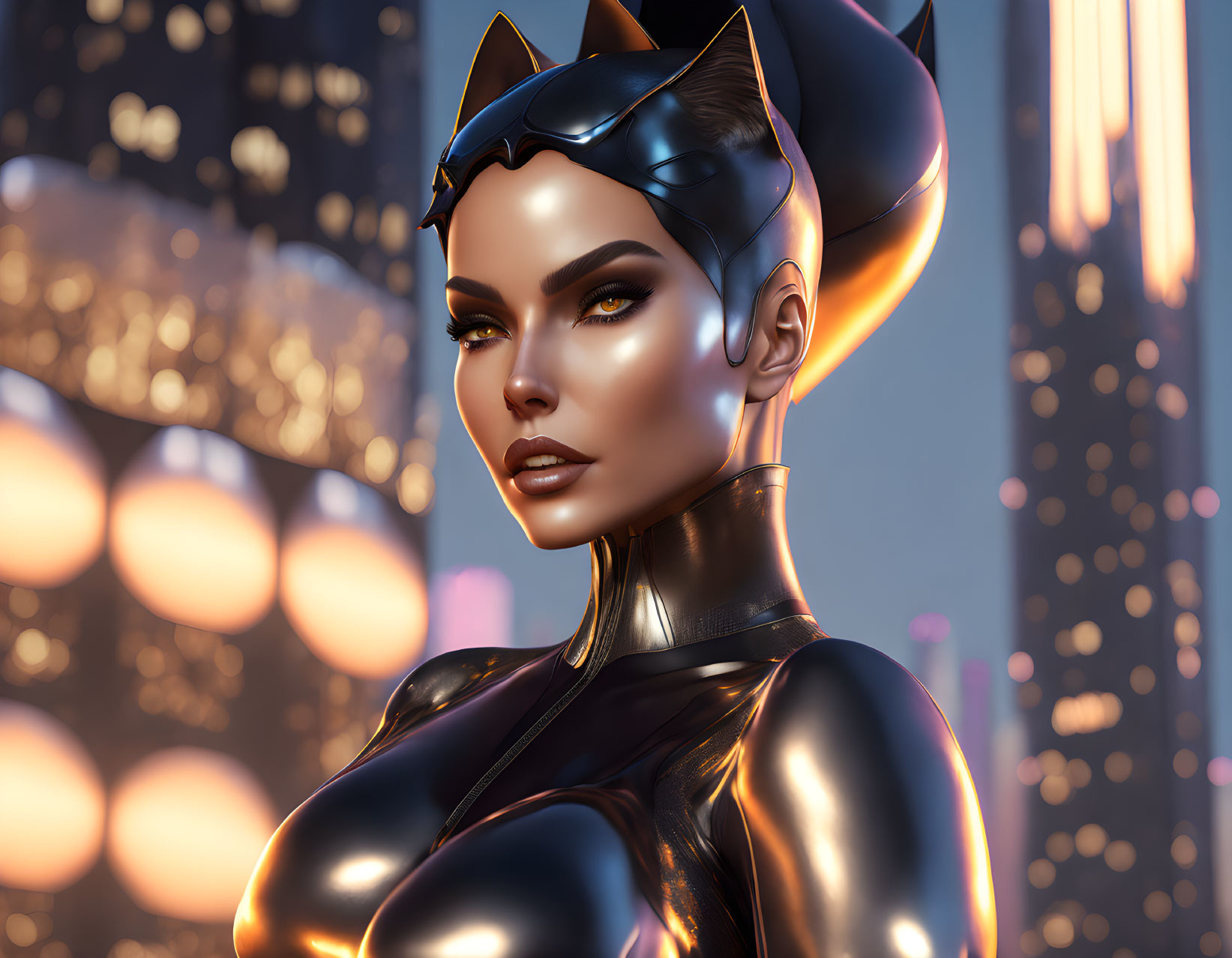 Digital illustration of woman with cat ears in black outfit against futuristic cityscape