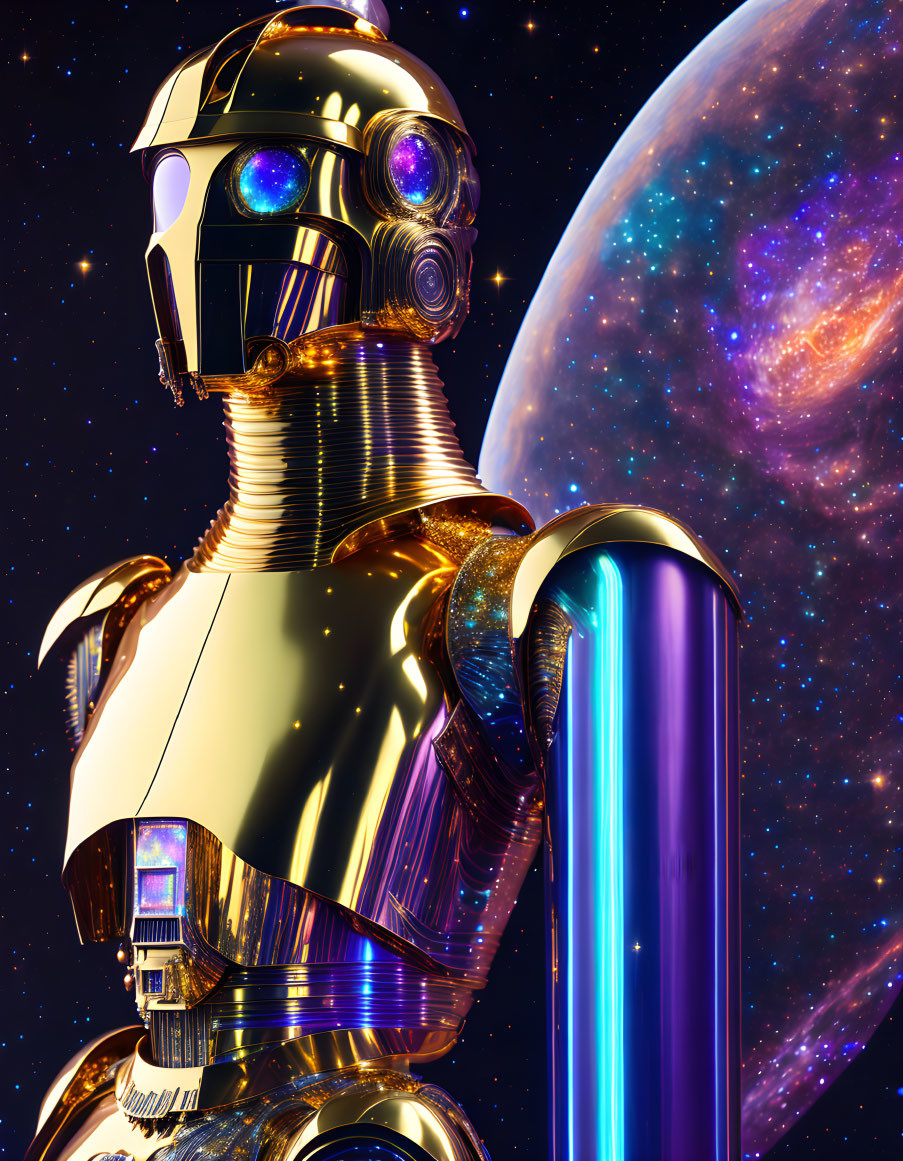 Golden futuristic robot with glowing blue eyes in space setting