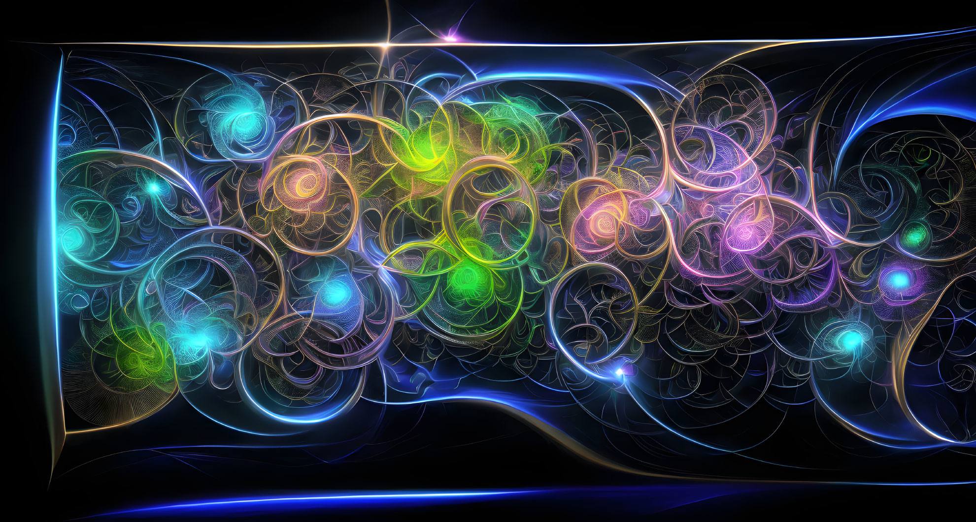 Vibrant Abstract Fractal Art with Swirling Patterns and Neon Lights