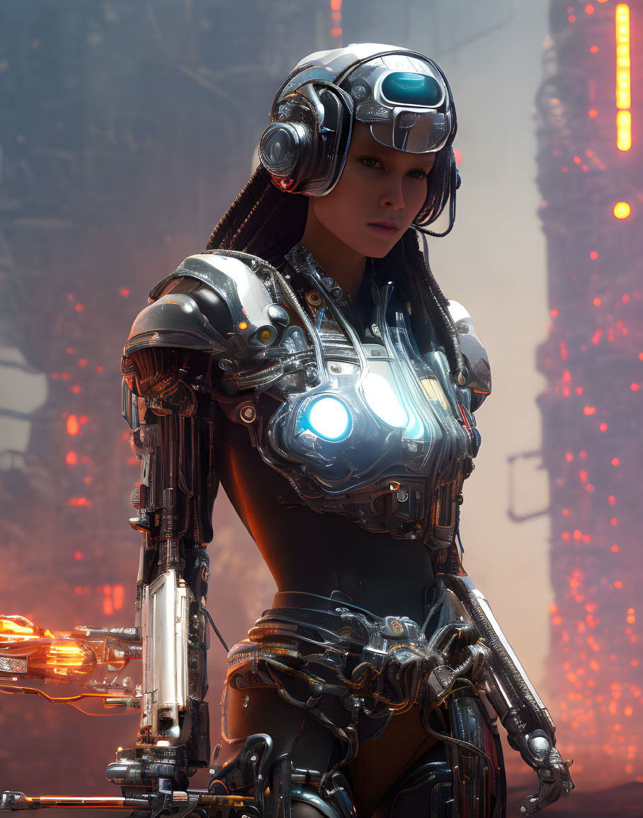 Futuristic female cyborg in sleek armor with glowing blue elements