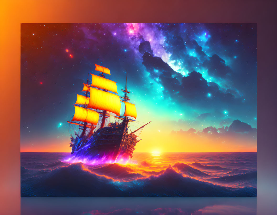 Majestic sailing ship with glowing sails on golden waves under cosmic sunset.