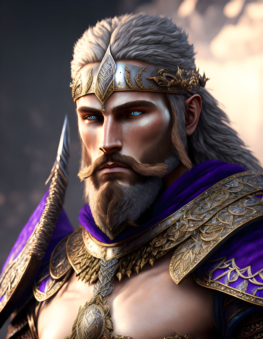 Fantasy king in golden armor and purple cloak with blue eyes and beard