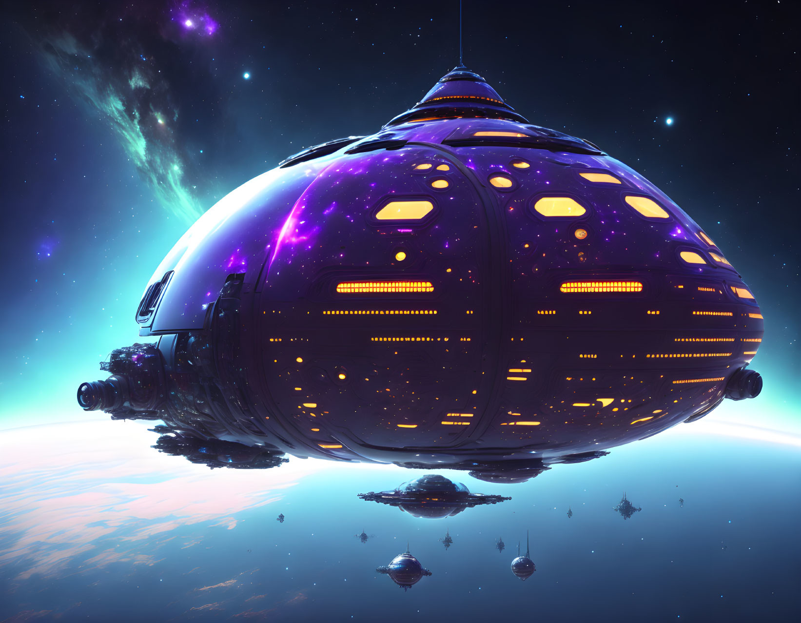 Futuristic spherical spaceship over reflective water and starry sky.