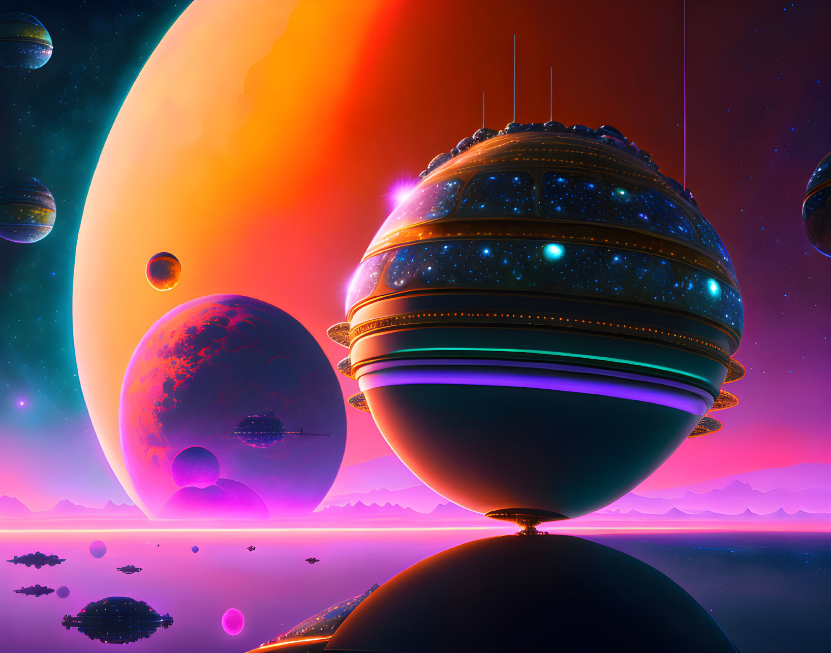 Colorful Sci-Fi Landscape with Alien Ships in Pink and Purple Sky