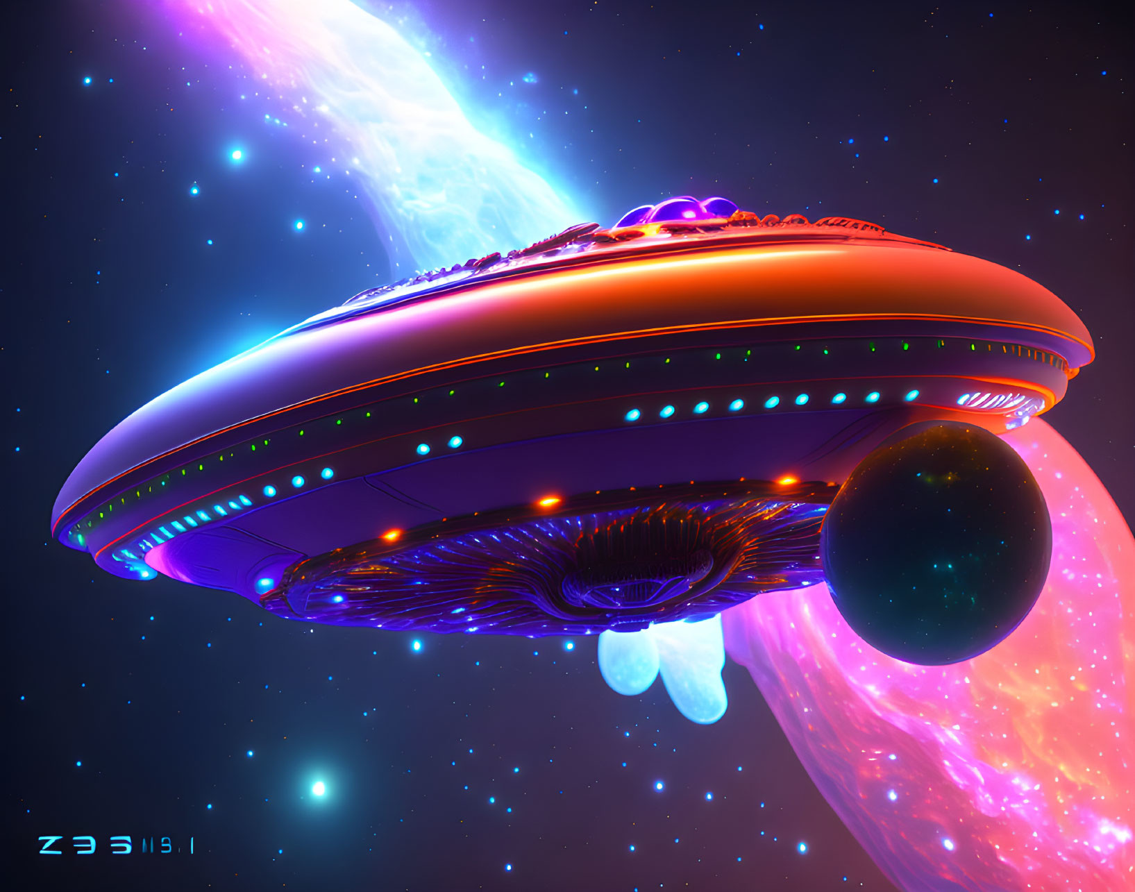 Futuristic spaceship in vibrant nebula with planet and stars