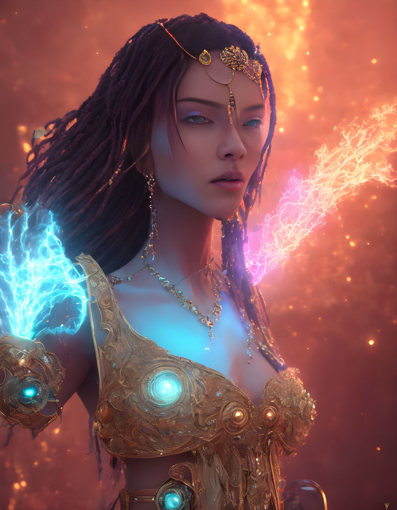 Golden-armored woman with dreadlocks harnessing blue energy in fiery setting