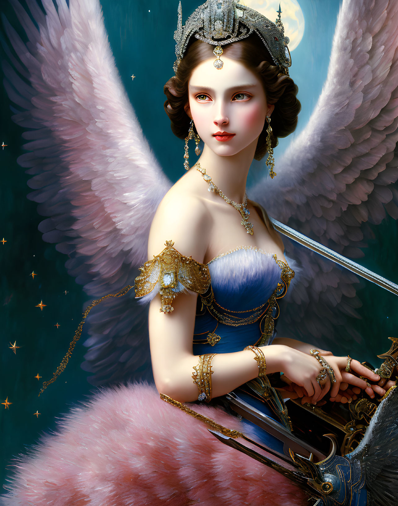 Illustration of female figure with white wings, blue dress, gold armor, sword, starry backdrop
