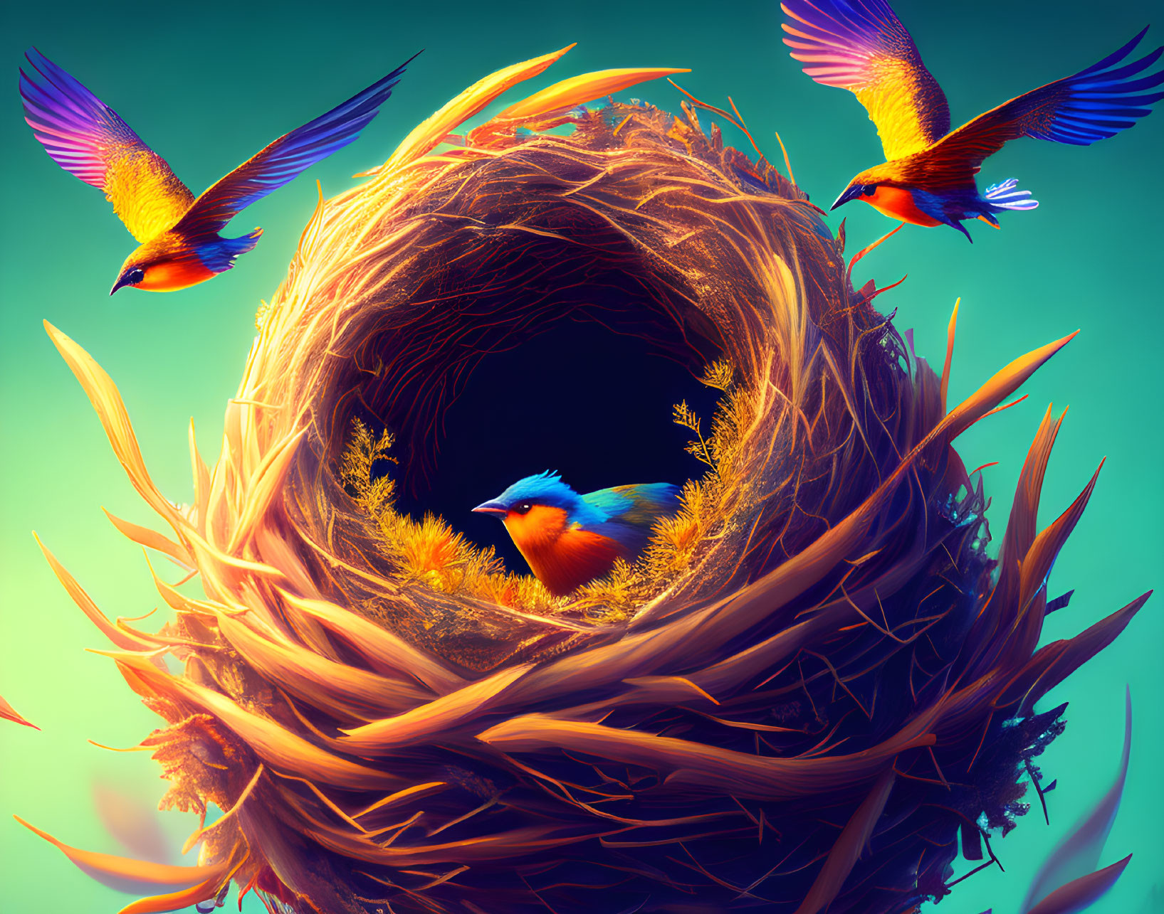 Colorful bird's nest with one bird inside and two in flight on teal gradient background