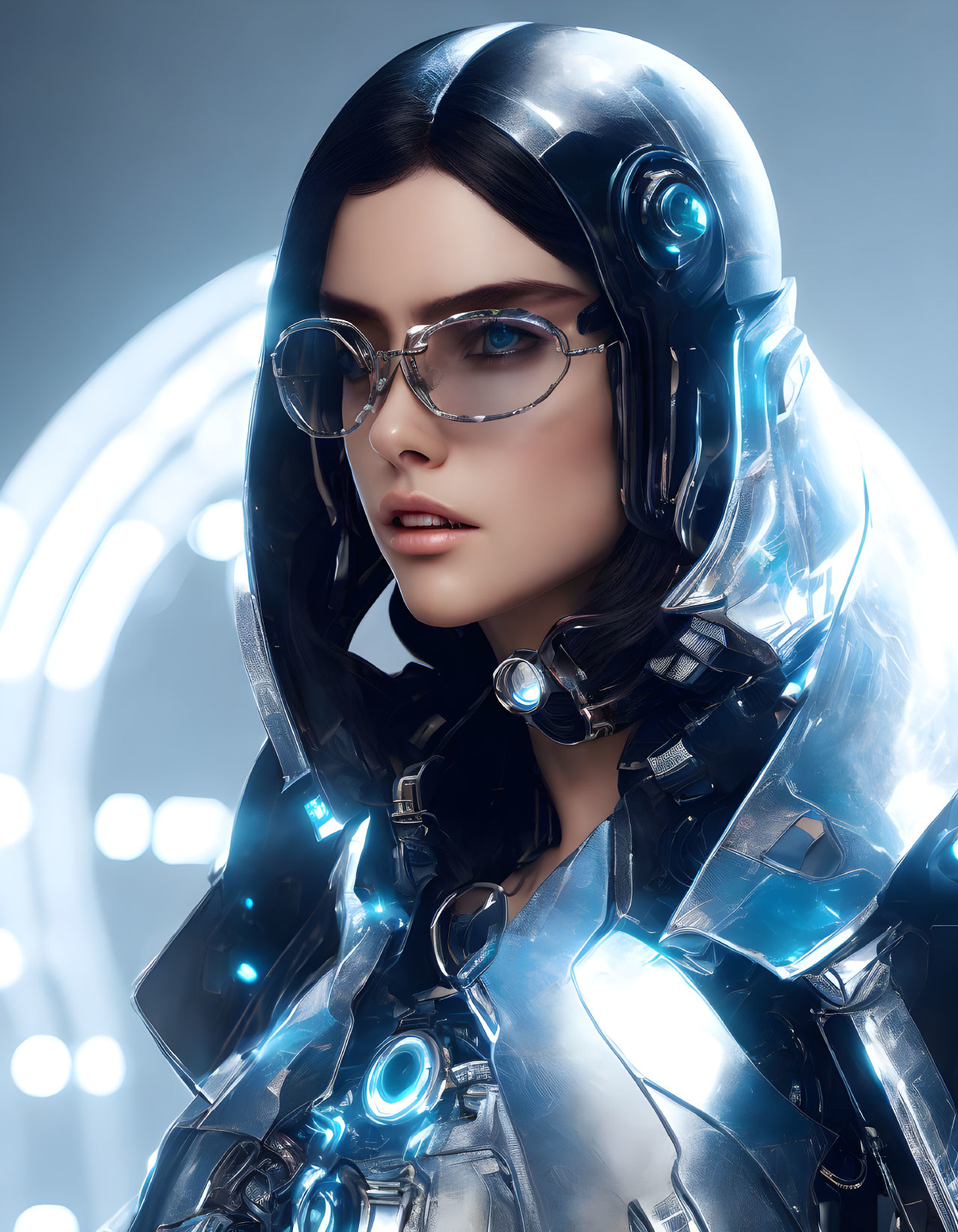 Futuristic woman in high-tech armor and glasses on glowing circular backdrop