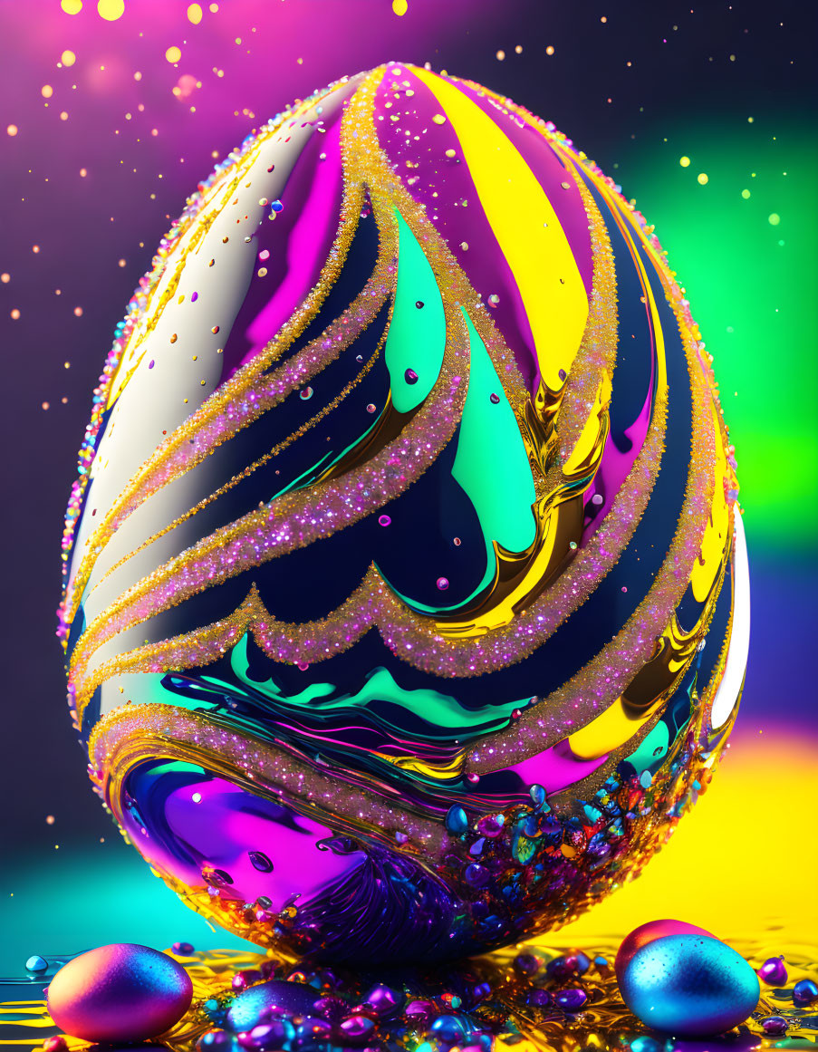 Colorful ornate egg with gold swirls on shiny surface.