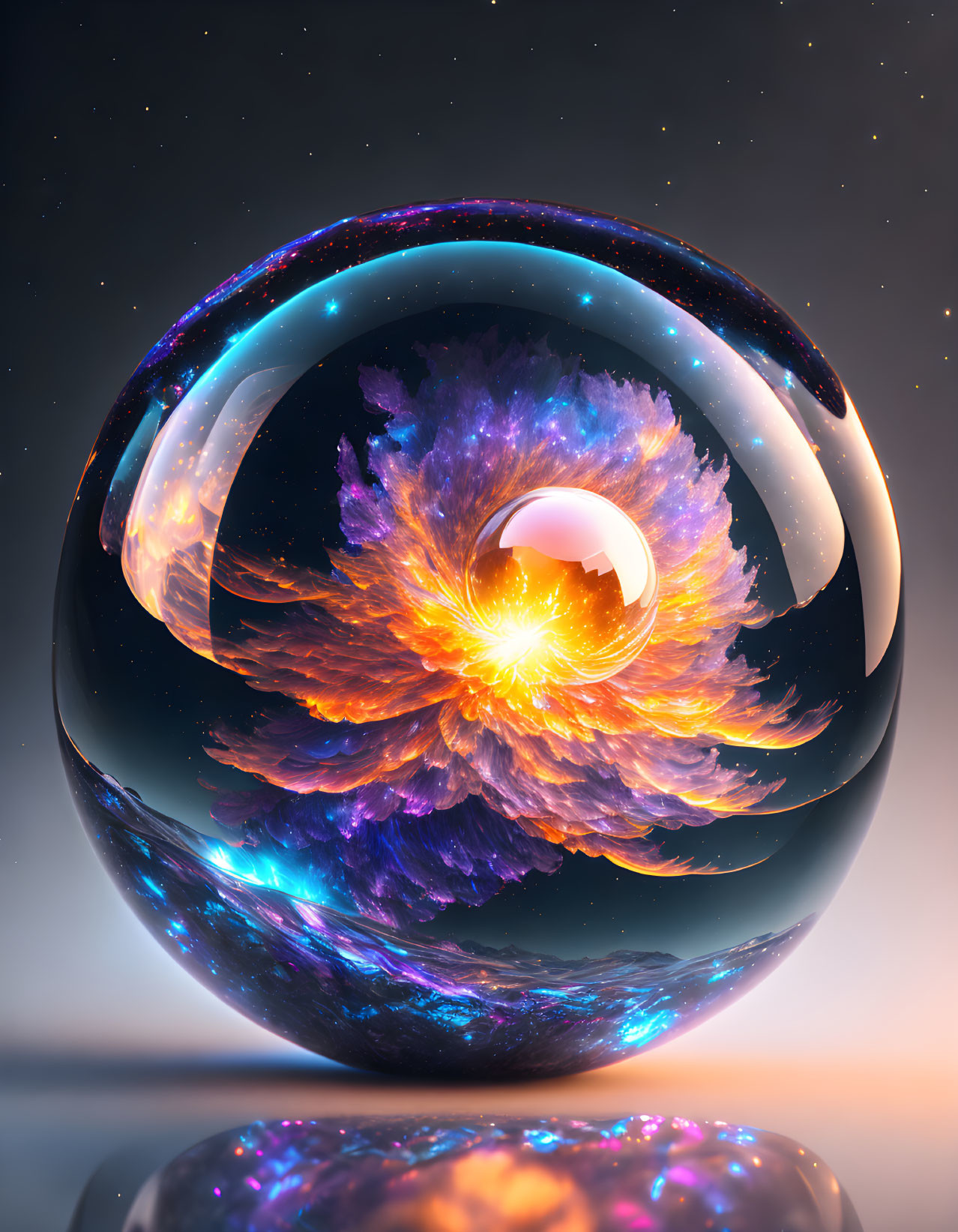 Colorful cosmic explosion in glossy sphere on starry background